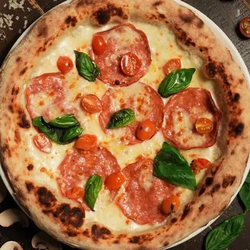Bianca pizza on parmigiano fondue with beef salami.