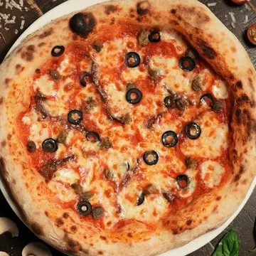 Napoletana pizza with anchovies, capers and black olives.